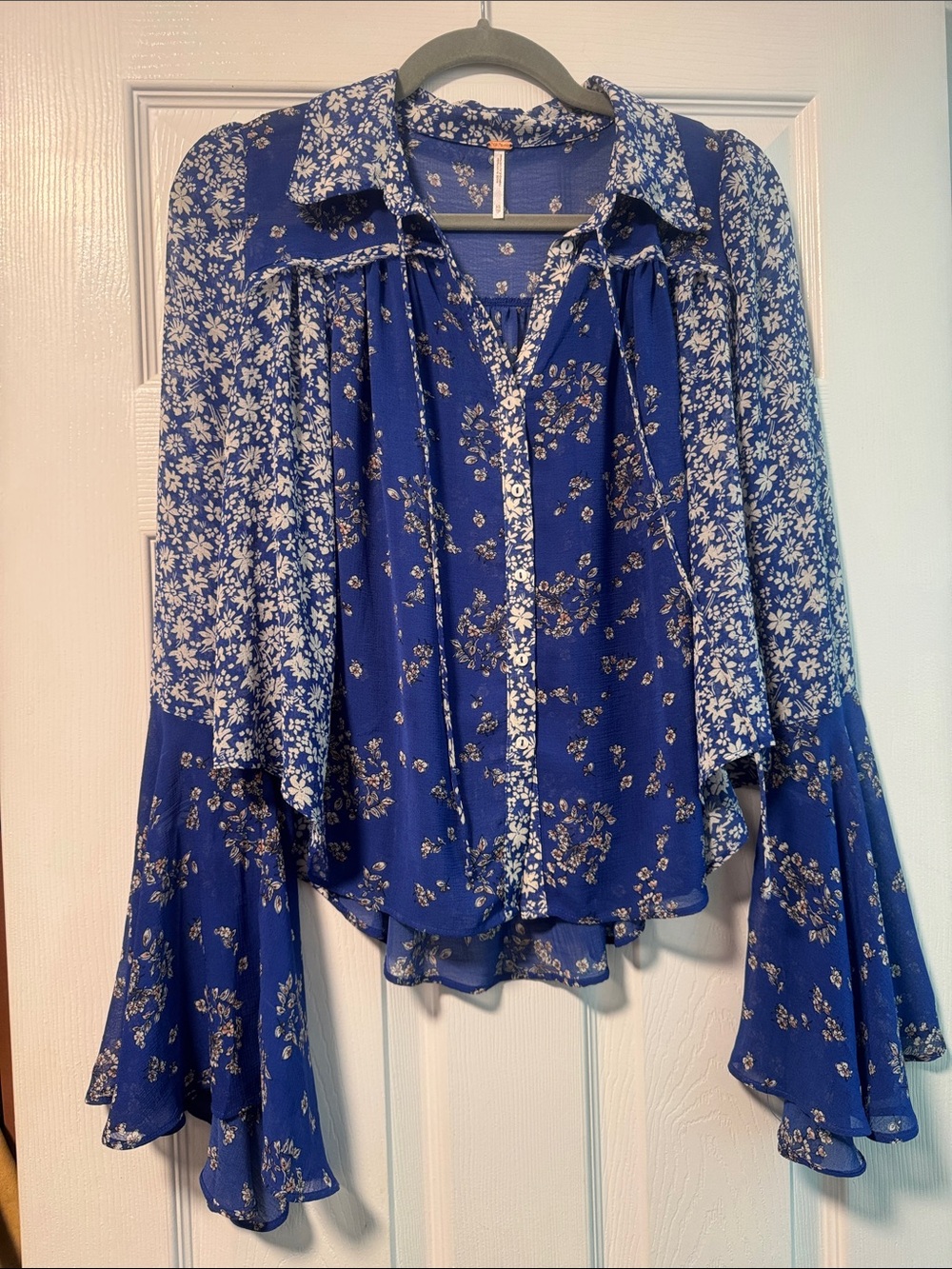 Free People Blue Floral Button-Down Bell Sleeve Blouse